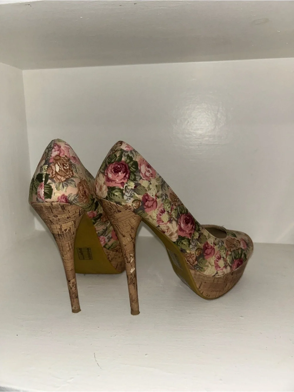 Forever 21 Floral Cork Platform Heels - Pink, Green, Brown